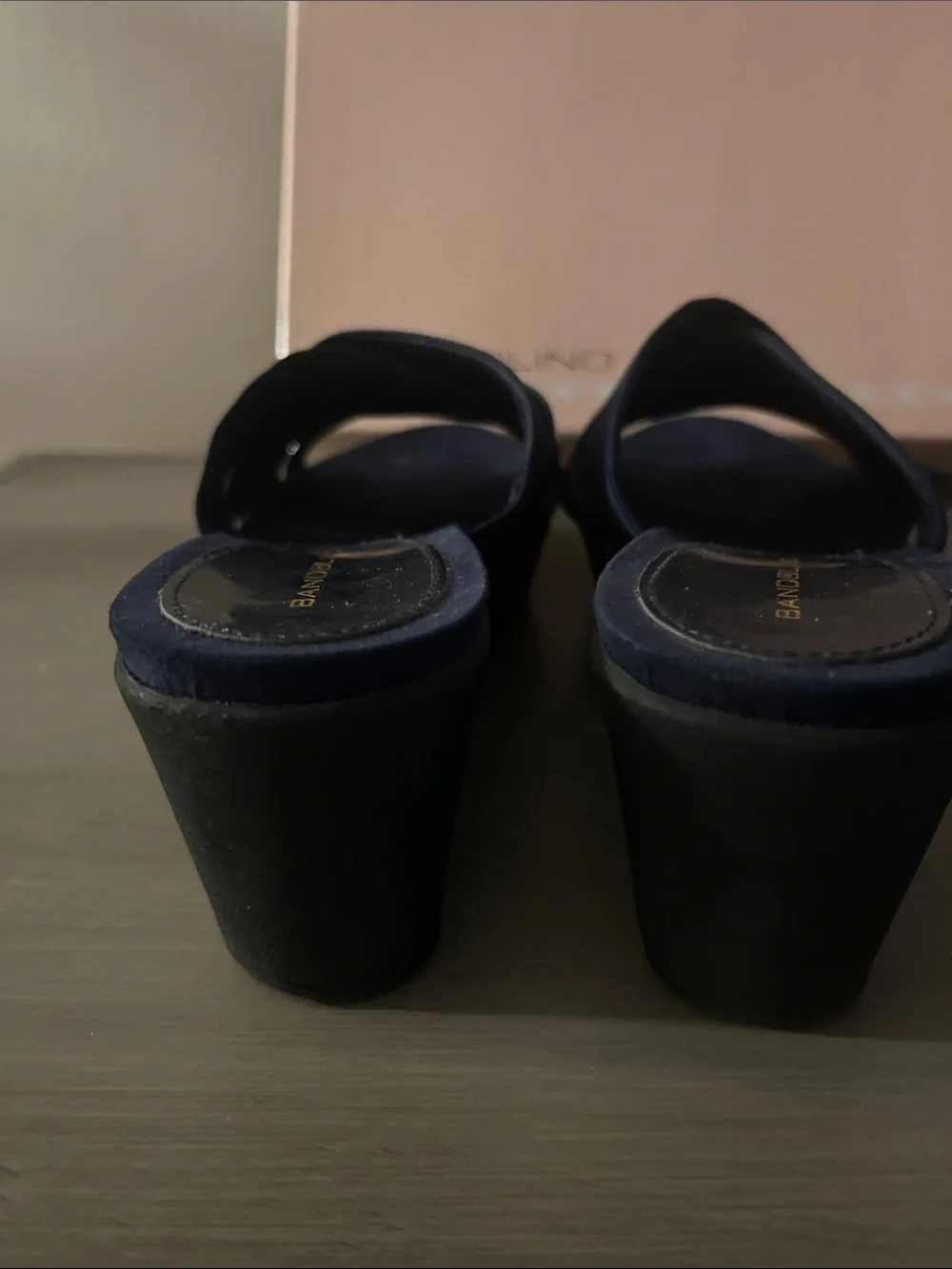 Bandolino Navy Wedge Slide Sandals with Glossy Strap